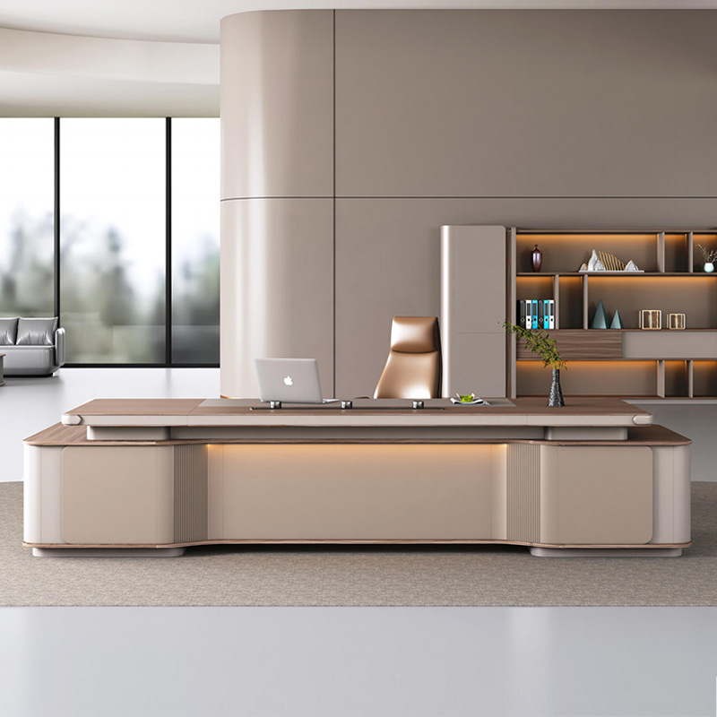 Modelo: Voz Moderna DBT005-Mesa e gabinete combinados com tira de luz de controle, tomada multifuncional, mesa de escritório leve luxuosa e elegante.