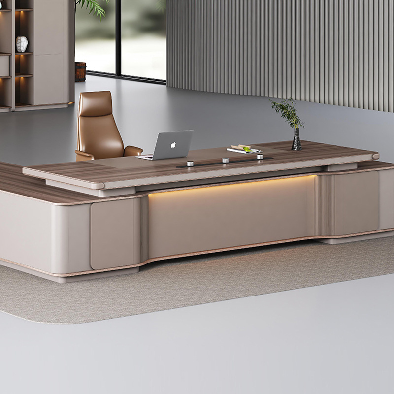 Modelo: Voz Moderna DBT005-Mesa e gabinete combinados com tira de luz de controle, tomada multifuncional, mesa de escritório leve luxuosa e elegante.